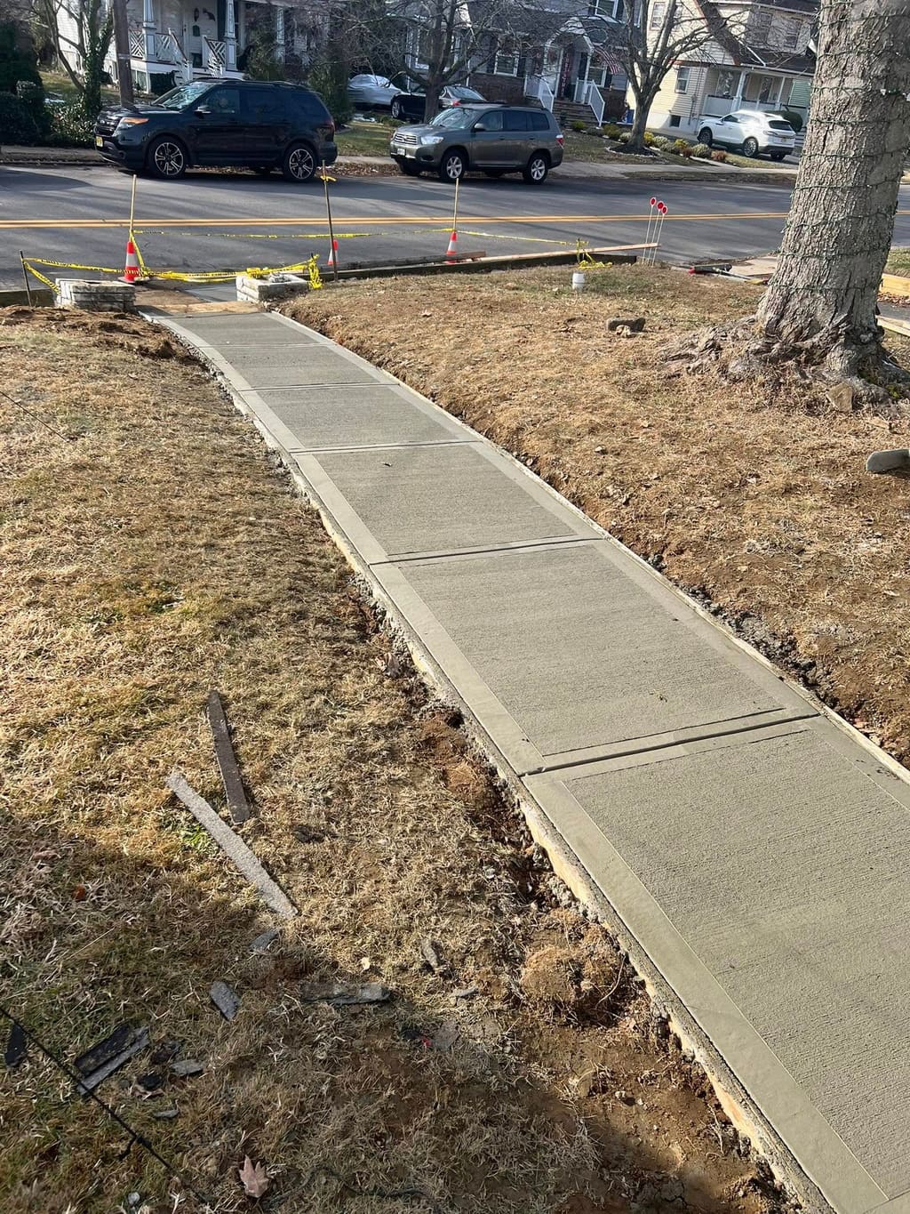 Freshly poured sectioned concrete walkway running across a front lawn toward the street.