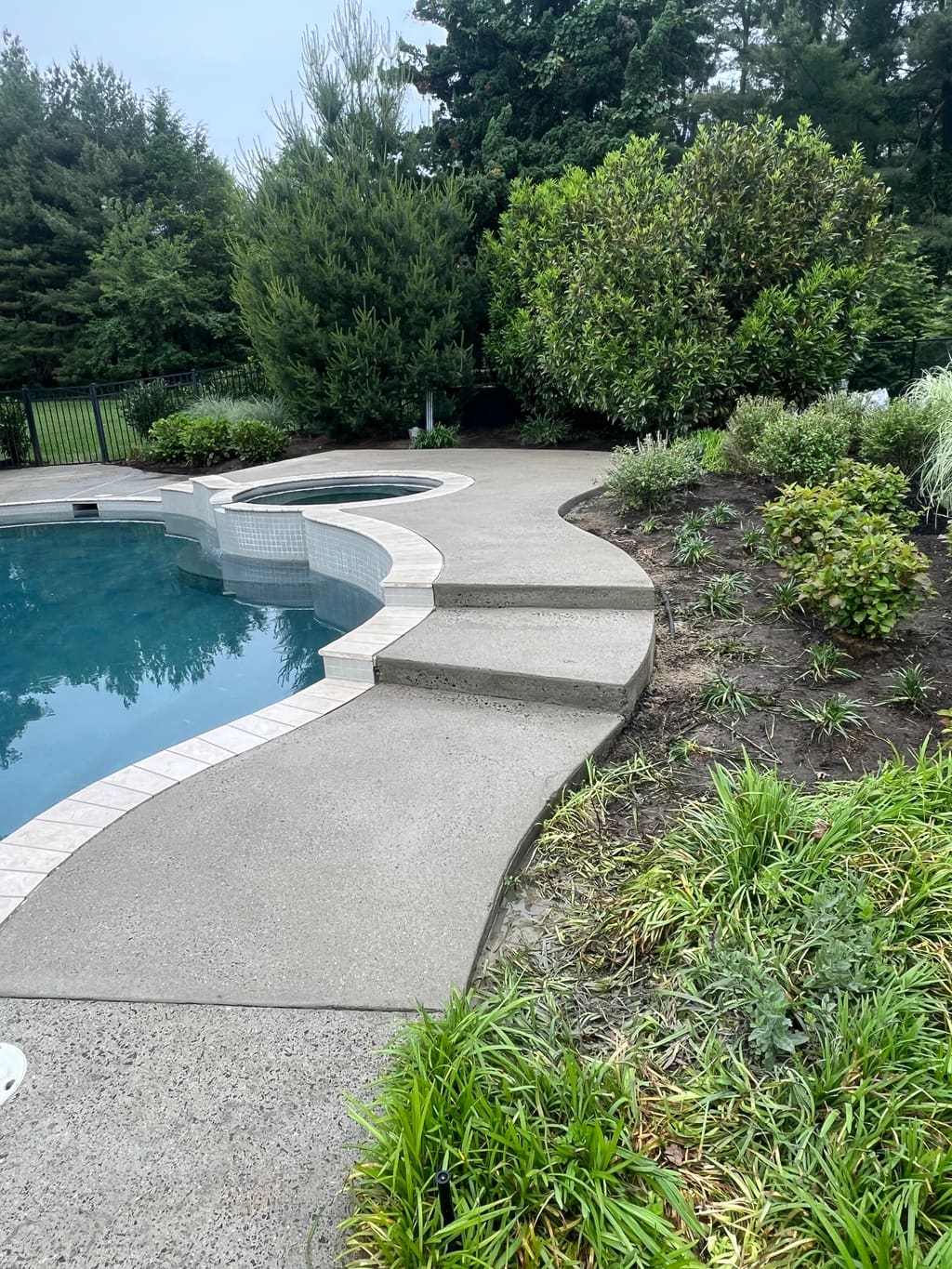 Curved concrete pool deck with a paver coping border surrounding an in-ground swimming pool.